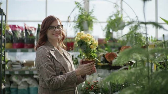 一位戴着眼镜的女性花店的肖像，为家庭或办公室设计选择花盆中的装饰性开花植物，在花店中站在绿色植物的背