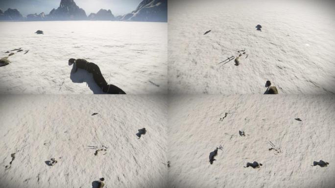 从鸟瞰图上看，士兵的尸体散落在冰封的湖面和雪山上，4k