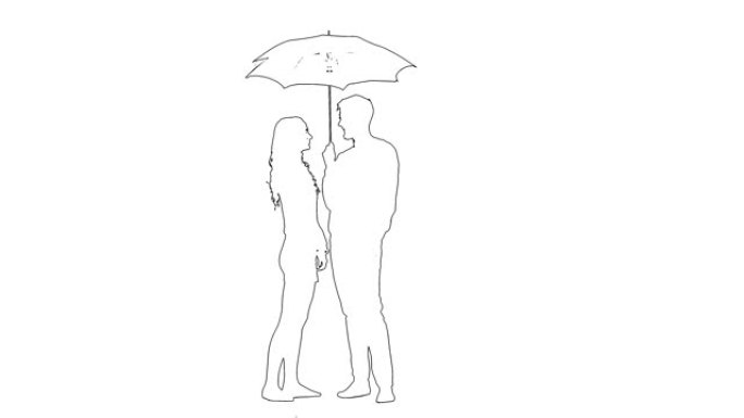 盖伊的草图打开雨伞，和女孩说话。白色背景。剪影