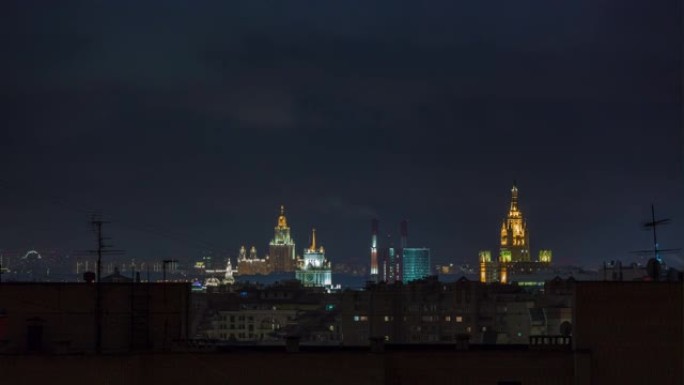 夜间照明莫斯科著名斯大林建筑屋顶全景4k延时俄罗斯