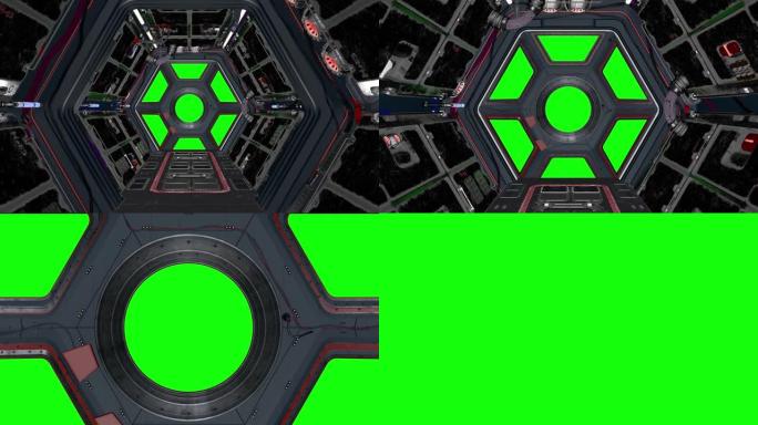 宇宙飞船的未来派科幻走廊。从窗口你可以看到绿色屏幕。
