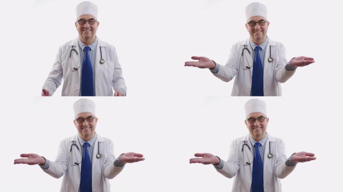 微笑的女医生的肖像对她在医院走廊上的工作感到满意。医学、技术、保健和人民、医院的概念