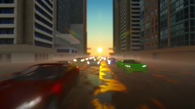 3D汽车在道路上经过。日落街景