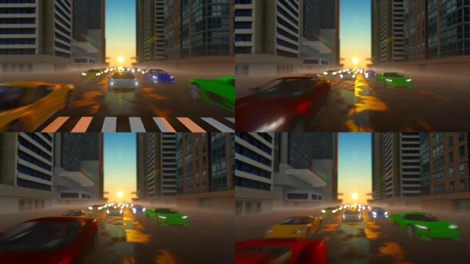 3D汽车在道路上经过。日落街景