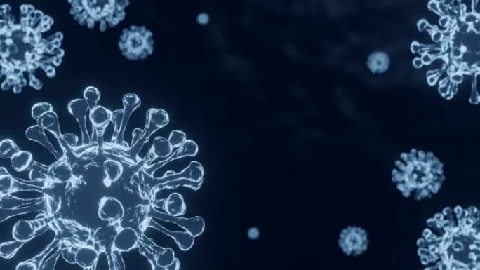 冠状病毒显微镜发光3D病毒在深蓝色背景上缓慢移动，复制空间。