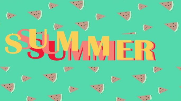 夏日阳光心情图形动画。运动文本和排版明亮的西瓜和太阳夏季运动介绍或背景，无缝循环4k视频