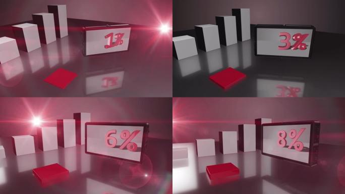 增长的红色3D条形图与屏幕高达8%