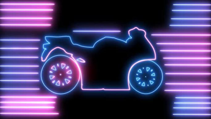 公路动画上的霓虹灯摩托车。Led，五颜六色的轮廓自行车，赛车手，骑手，斩波器，自由和旅行概念。复古摩