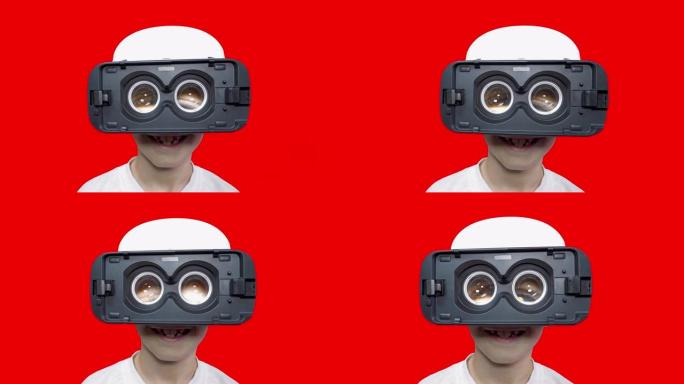 虚拟现实头盔中一个开朗男孩的肖像