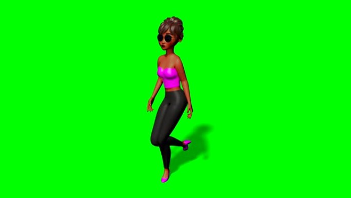 绿色屏幕上的3D步行卡通人物女人