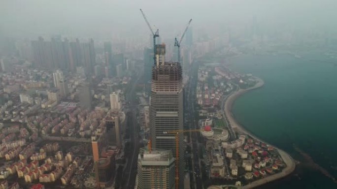 青岛市区建设日落时间交通街湾空中全景4k中国