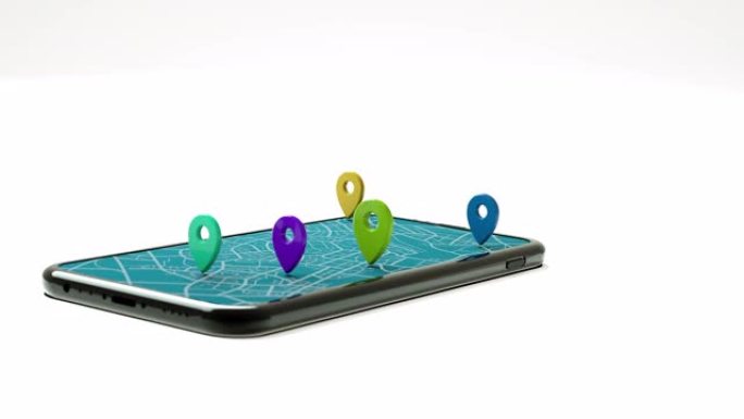 具有目标目标指针和路线航路点的3D渲染移动智能手机，用于GPS导航地图移动应用和物流概念，选择性聚焦
