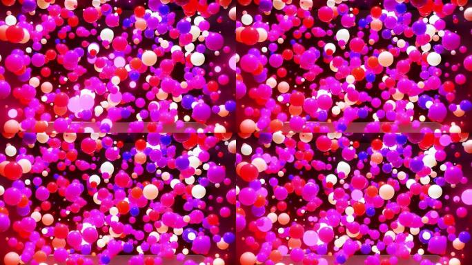 空气中彩色球的抽象组成，它们随机发光并相互反射。空气中的彩色球体作为简单的几何深色背景，具有灯光效果