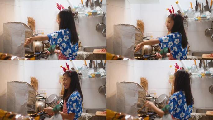 亚洲女孩在家独自烹饪食物，呆在家里和lifstyle概念。