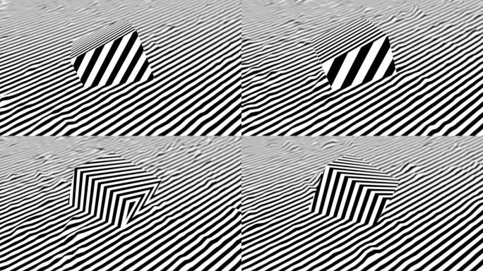 黑色和白色条纹挥舞着表面，立方体形状在上面移动。景深。现代等距背景循环动画。3D渲染。