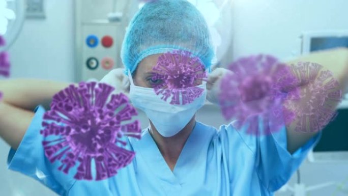 漂浮在女医生身上的微距新型冠状病毒肺炎细胞动画戴上口罩