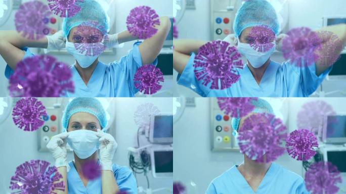 漂浮在女医生身上的微距新型冠状病毒肺炎细胞动画戴上口罩