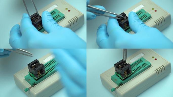 向导通过适配器soic8将芯片插入编程器，以对芯片进行编程。技术。