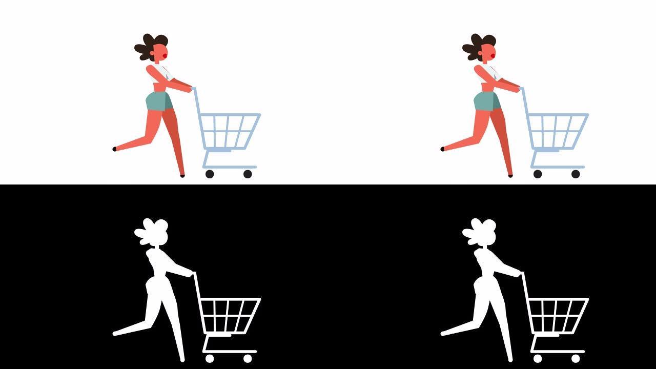 棍子图彩色象形图女女孩角色跑购物车卡通动画