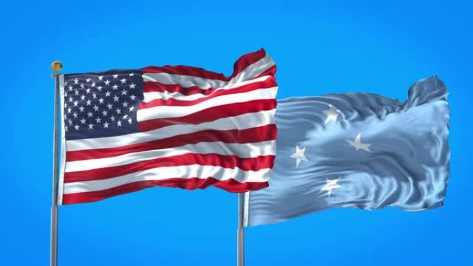 密克罗尼西亚和美国的国旗一起在深蓝色的天空中飘扬。高清3D渲染。
