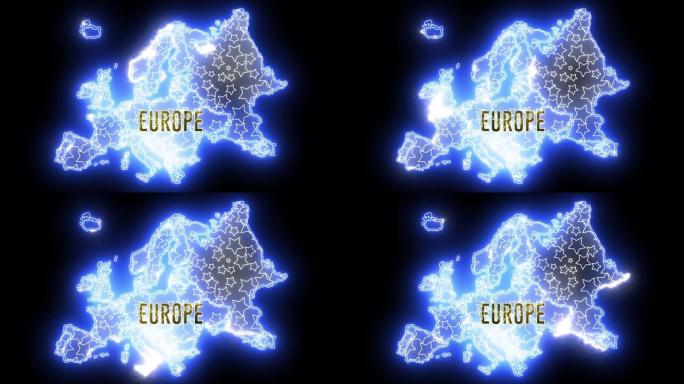 欧洲大陆霓虹地图。欧洲轮廓的闪亮抽象之光。