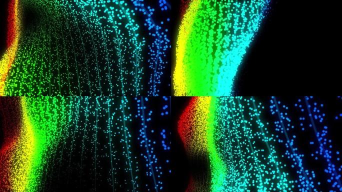 彩色粒子原子波抽象无缝垂直运动动画，黑色背景上的3D渲染