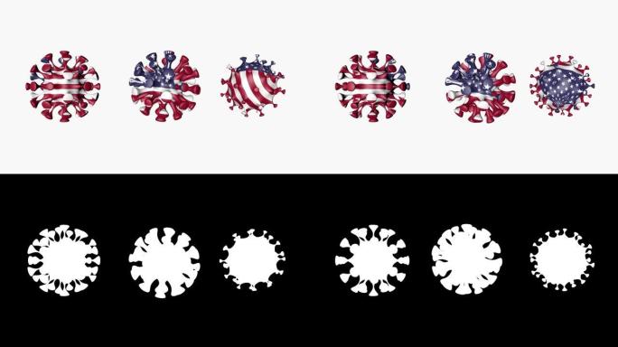 3D动画冠状病毒2019-nCoV美国。美国国旗在病毒球covid19，白色背景。阿尔法通道