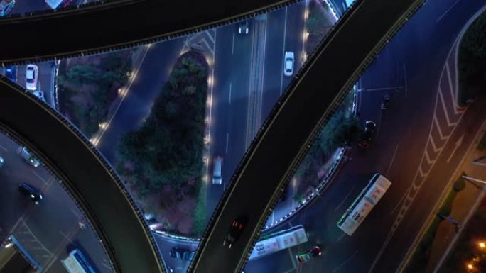 青岛市夜景照明繁忙交通道路立交空中俯拍全景4k中国