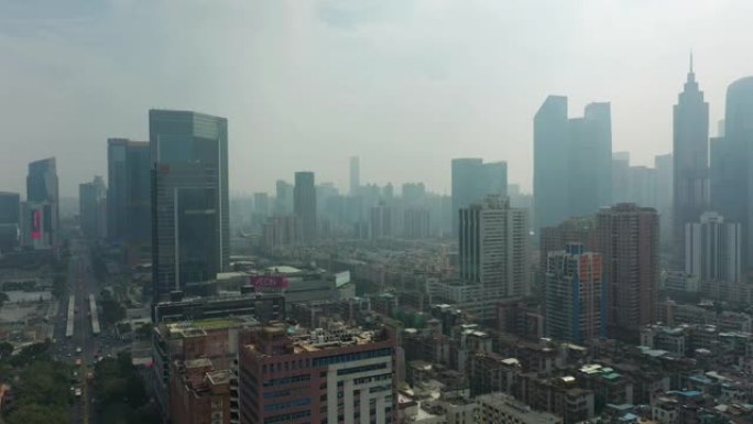夏季雾广州市市区购物中心交通街空中全景4k中国