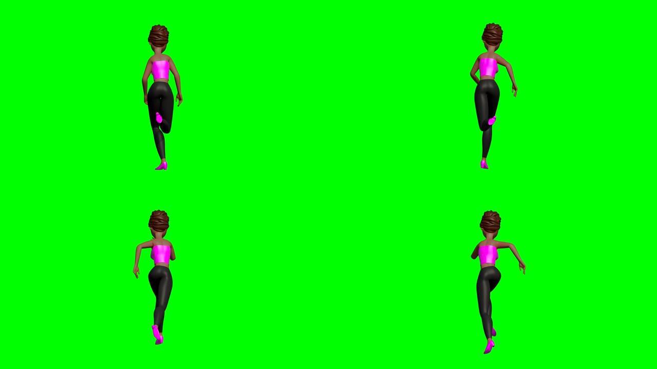 绿色屏幕上3D跑步女人的后视图