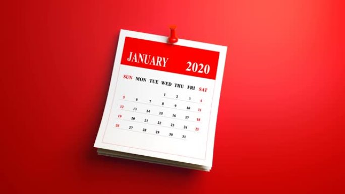 红色背景上的日历2020年循环1月月份页面