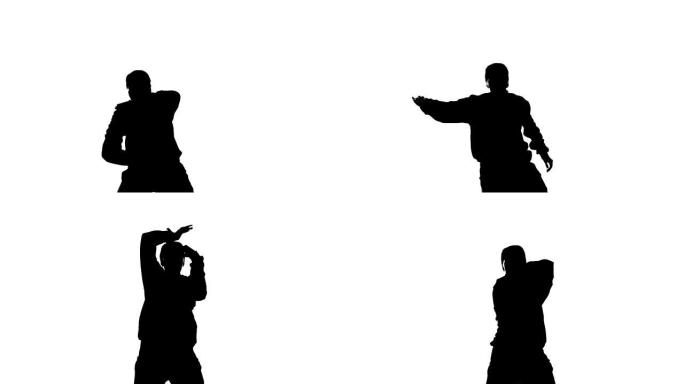 白色背景上的黑色剪影，跳嘻哈舞的女孩，霹雳舞，孤立