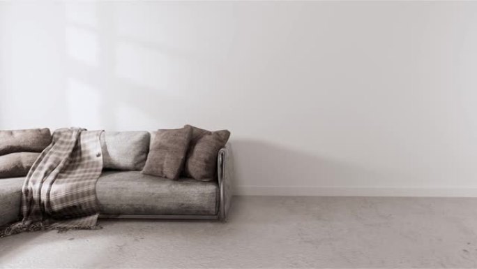现代风格，木地板上有白色墙壁，地毯上有沙发扶手椅。3d渲染
