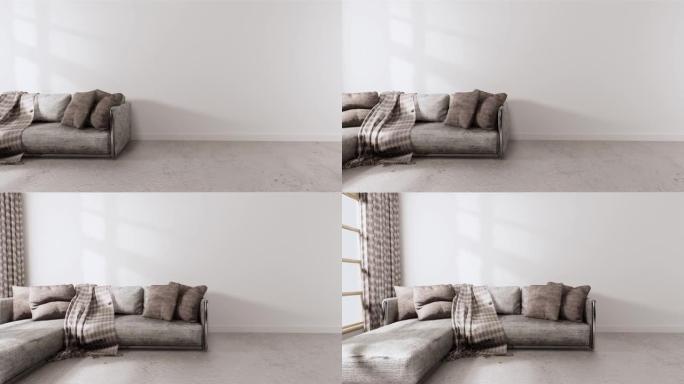 现代风格，木地板上有白色墙壁，地毯上有沙发扶手椅。3d渲染