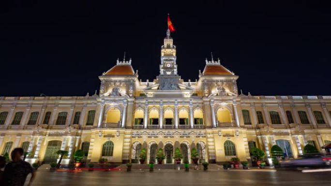 夜间照明胡志明市著名建筑全景4k越南