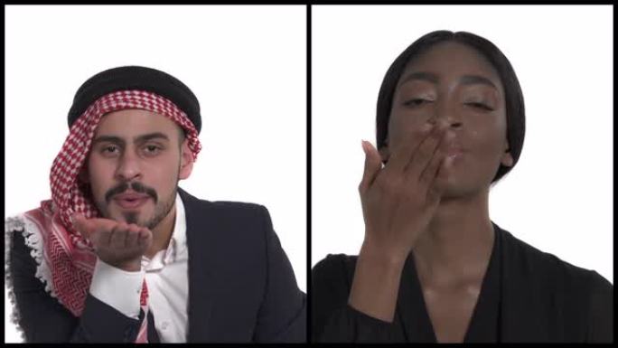 一个年轻的阿拉伯男人和非洲女人折叠嘴唇并握着手掌发送空气之吻的特写镜头。肢体语言。垂直拼贴