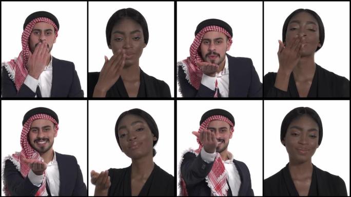 一个年轻的阿拉伯男人和非洲女人折叠嘴唇并握着手掌发送空气之吻的特写镜头。肢体语言。垂直拼贴