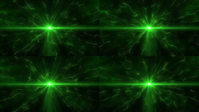 绿色闪光灯圈，闪亮发光椭圆形和带粒子的光数字波