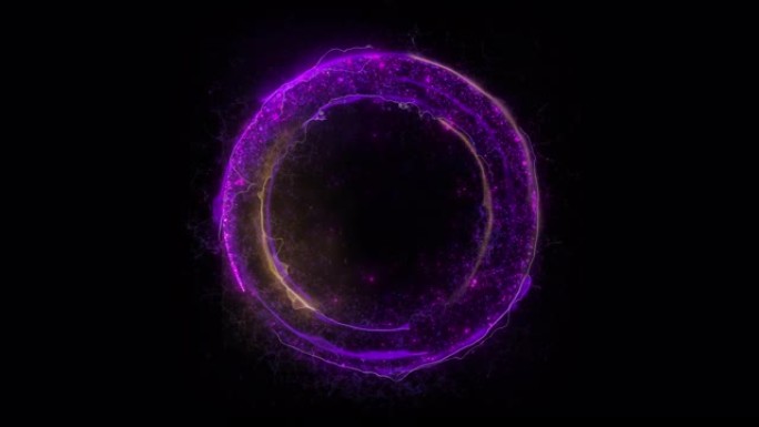无缝循环。紫色圆形电子门户的动画，由闪电，能量和粒子组成，在黑色背景上隔离，alpha luma m