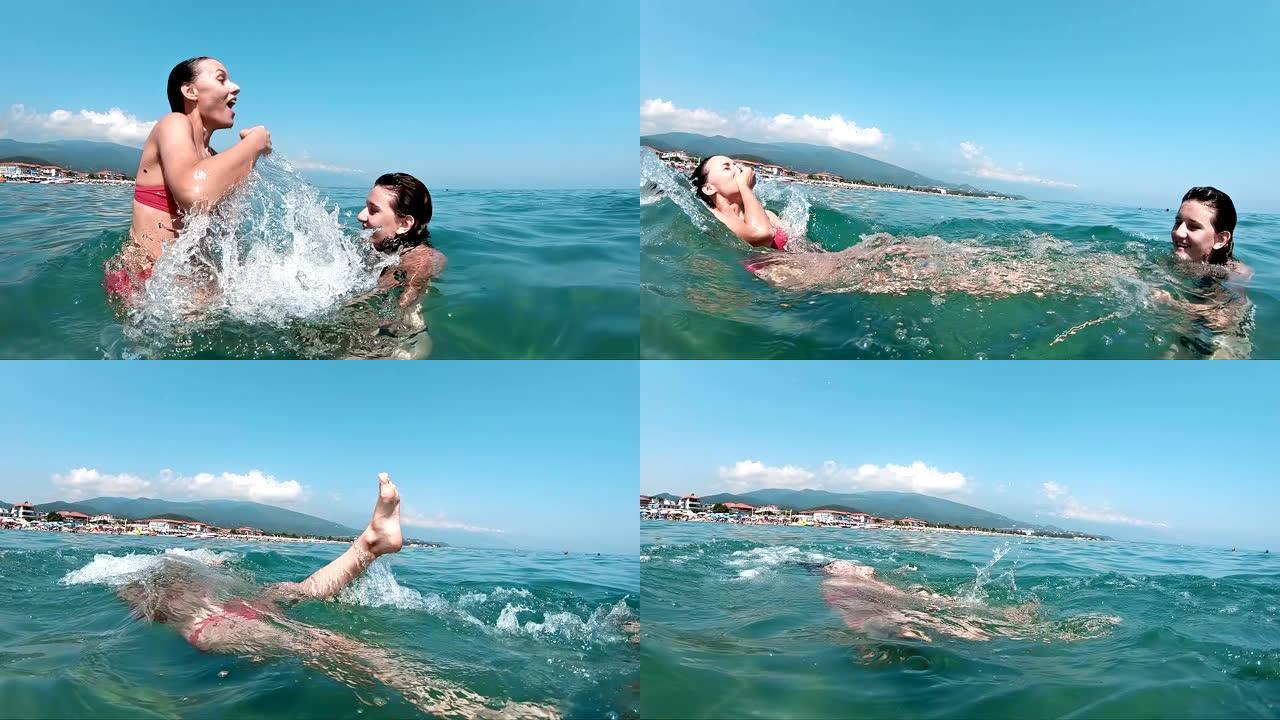女性朋友的慢动作在假期的海上跳跃和娱乐