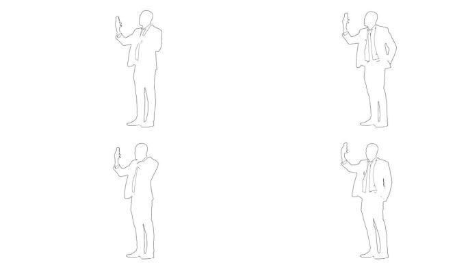 西装革履男人的轮廓素描正在聊天视频会议在手机上孤立在白色背景上