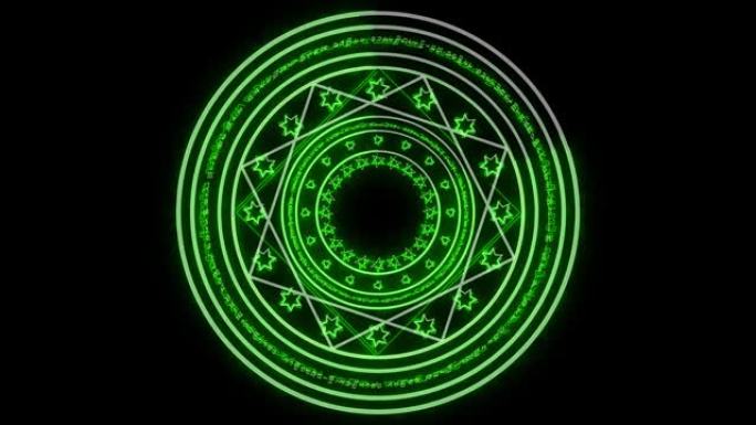 魔术三角形和正方形光绿色能量旋转和文本旋转
