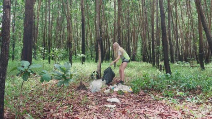 志愿者在森林中捡拾垃圾; 4k分辨率