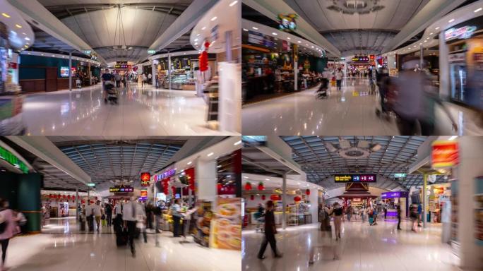 曼谷市国家机场著名的大型免税商店区步行延时全景4k泰国