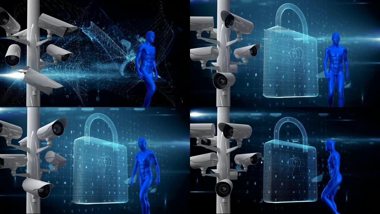 蓝色人体模型的动画和摄像机在后台记录统计处理。