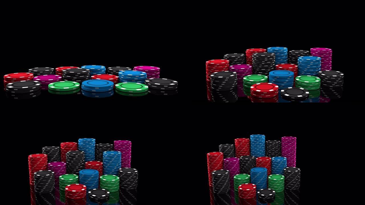 3D运动。彩色扑克筹码出现在黑色镜面上，成堆排列。赌博，赌场。相机逐渐移开。延时