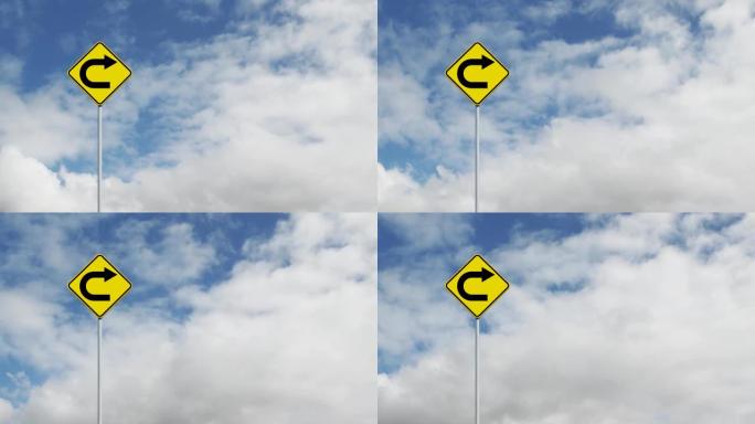 背景为黑色箭头的黄色路标动画。