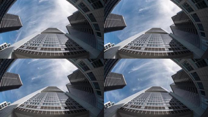 德国商业银行摩天大楼底视延时拍摄鱼眼广角镜头