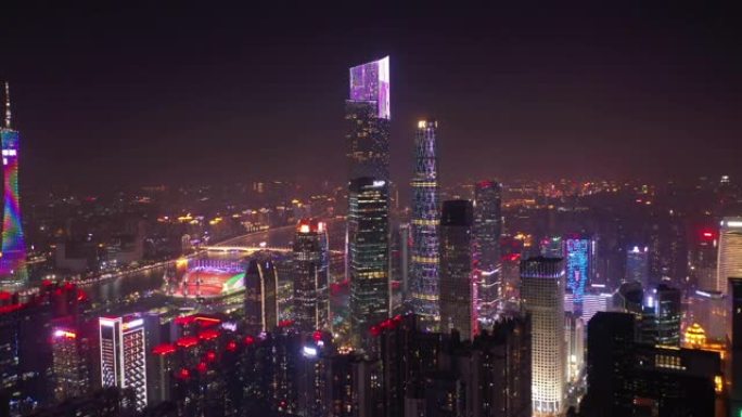 夜间照明广州市市中心滨河湾交通街空中全景4k中国