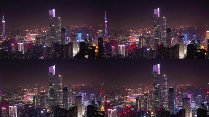 夜间照明广州市市中心滨河湾交通街空中全景4k中国